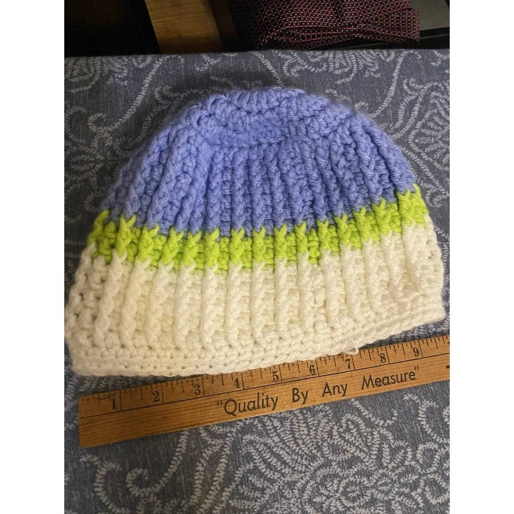 White Purple GREEN W/TRIM - HAND KNITTED OS SIZE STOCKING CAP‎ BEANIE HAT!